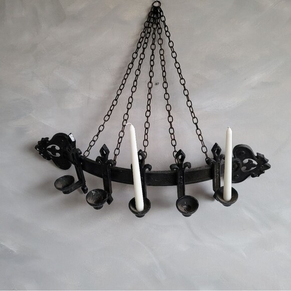 Vintage Curved 5 Candelabra Wall Sconce Candle Holder Metal Black  Gothic 27' - Picture 1 of 15